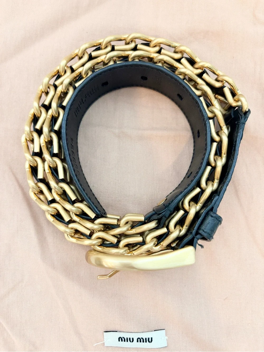 Auth MIU MIU Black Leather Gold-Tone Chain Link Belt, Size 75 / 30